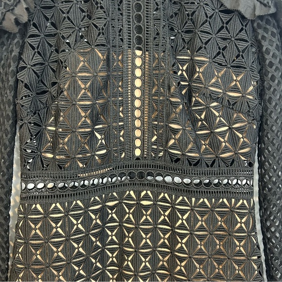 Self-Portrait Black Mesh/Tonal Lace Ruffle Long Sleeve Sheath Mini Dress Size 4 - Picture 9 of 16